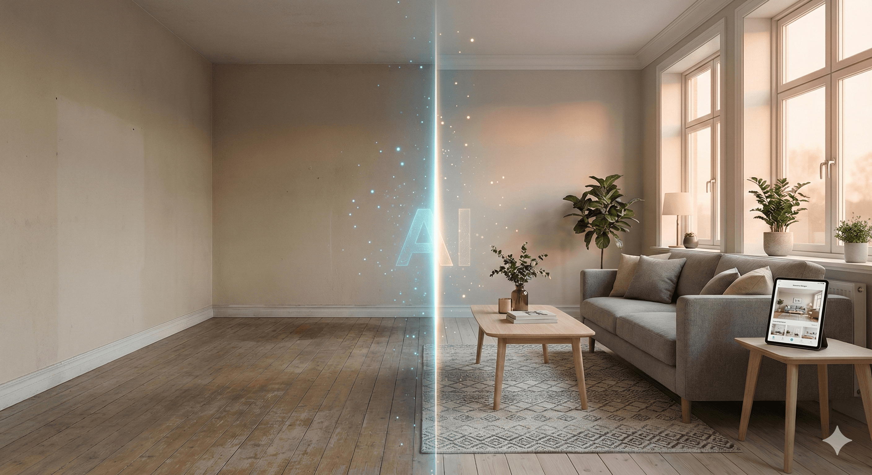 Tekoäly sisustussuunnittelu - huoneen muutos ennen ja jälkeen